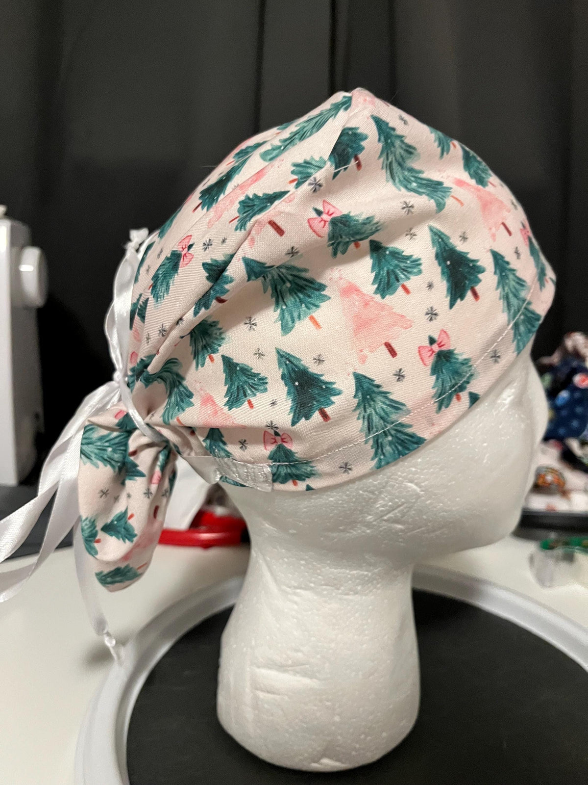 Pink and Green Coquette Christmas Tree Winter Bow Print Euro Ponytail Scrub Cap