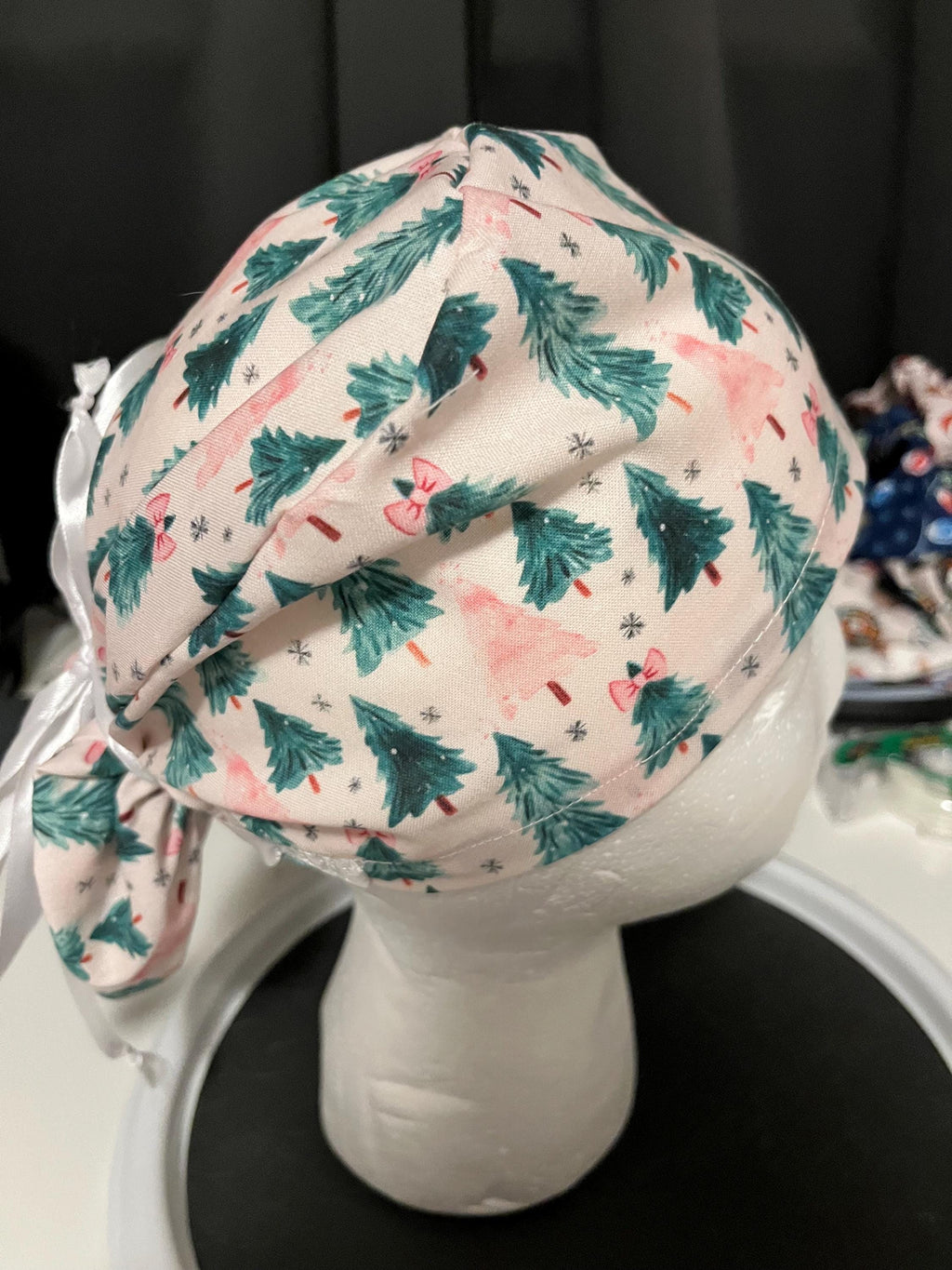 Pink and Green Coquette Christmas Tree Winter Bow Print Euro Ponytail Scrub Cap