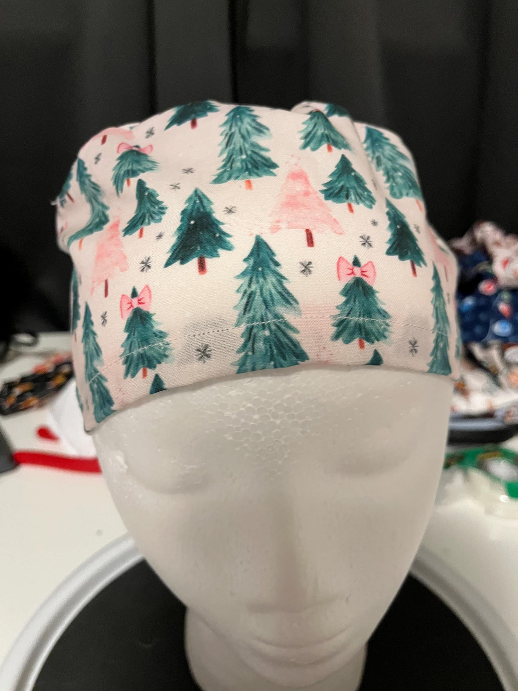Pink and Green Coquette Christmas Tree Winter Bow Print Euro Ponytail Scrub Cap