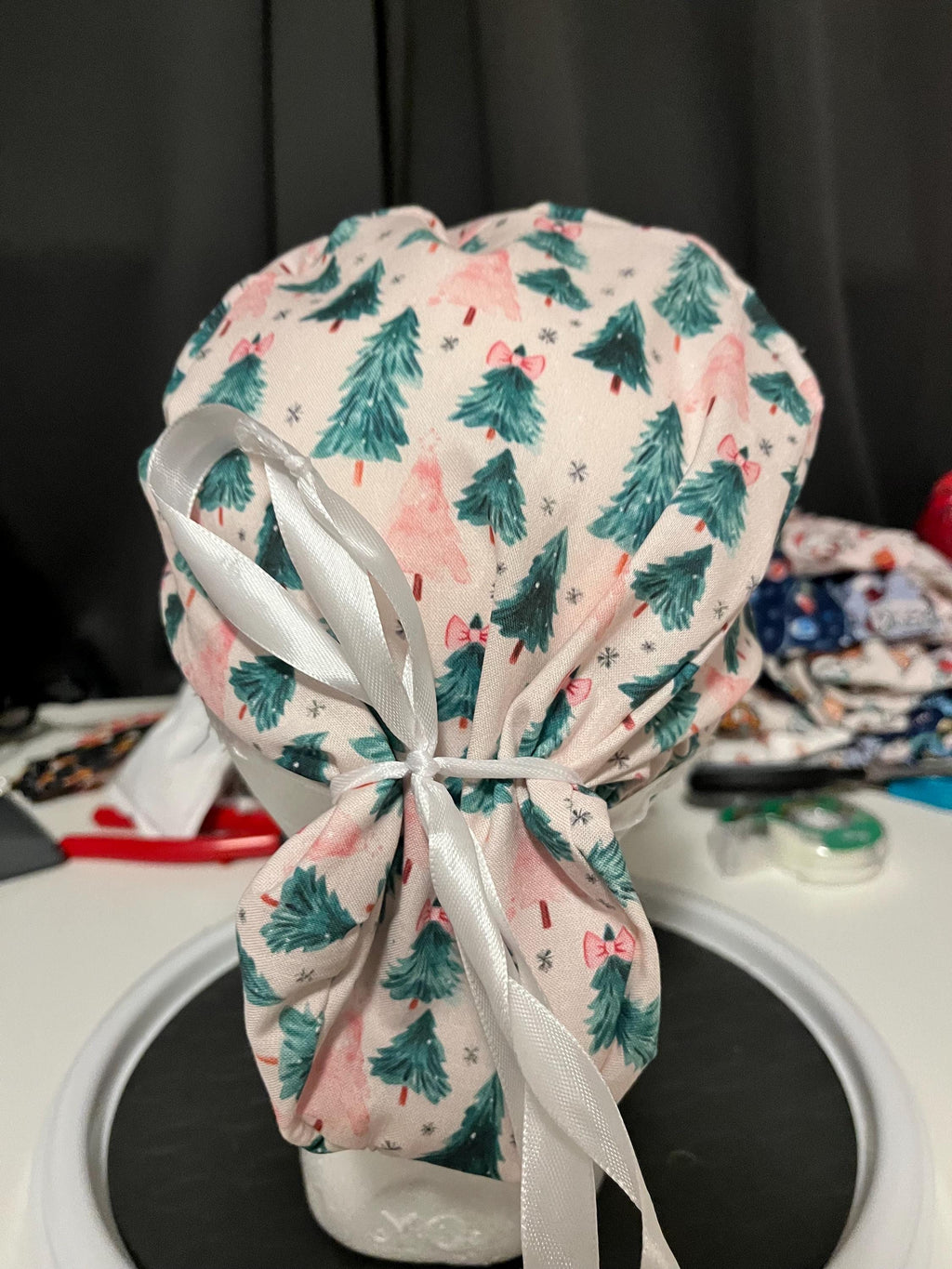 Pink and Green Coquette Christmas Tree Winter Bow Print Euro Ponytail Scrub Cap