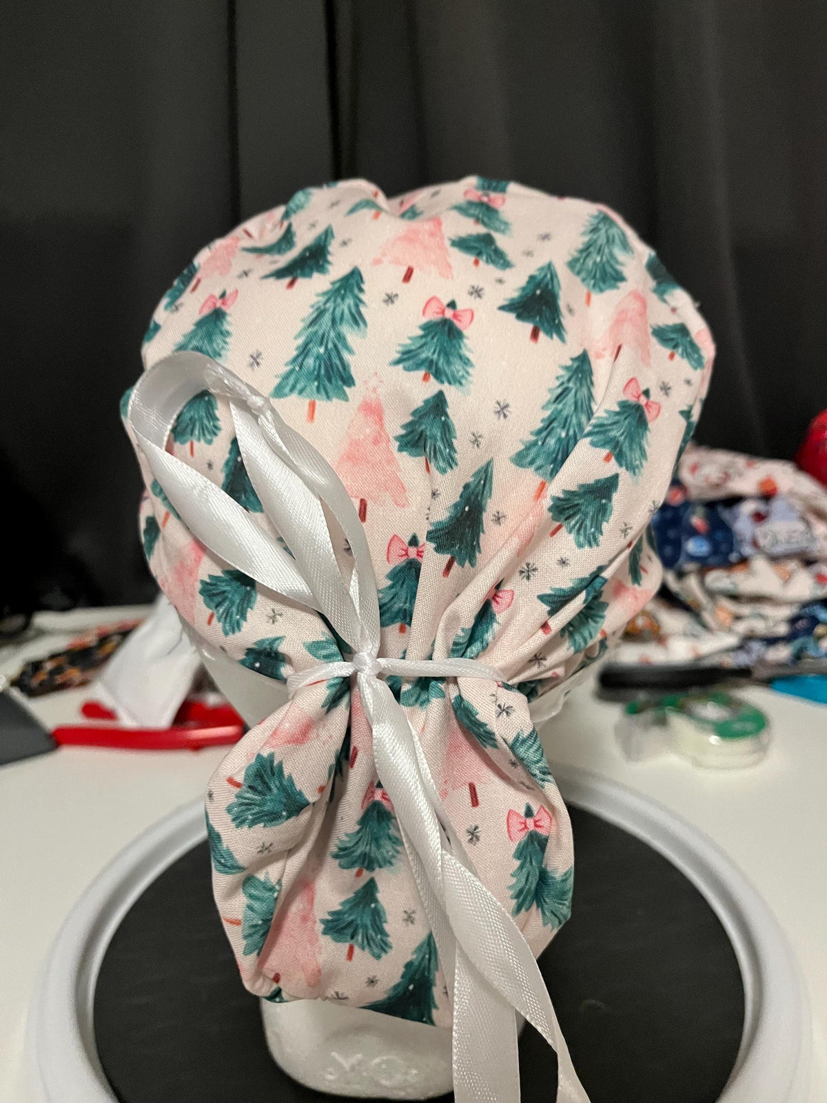 Pink and Green Coquette Christmas Tree Winter Bow Print Euro Ponytail Scrub Cap