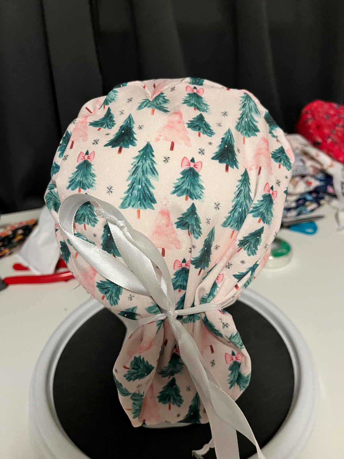 Pink and Green Coquette Christmas Tree Winter Bow Print Euro Ponytail Scrub Cap