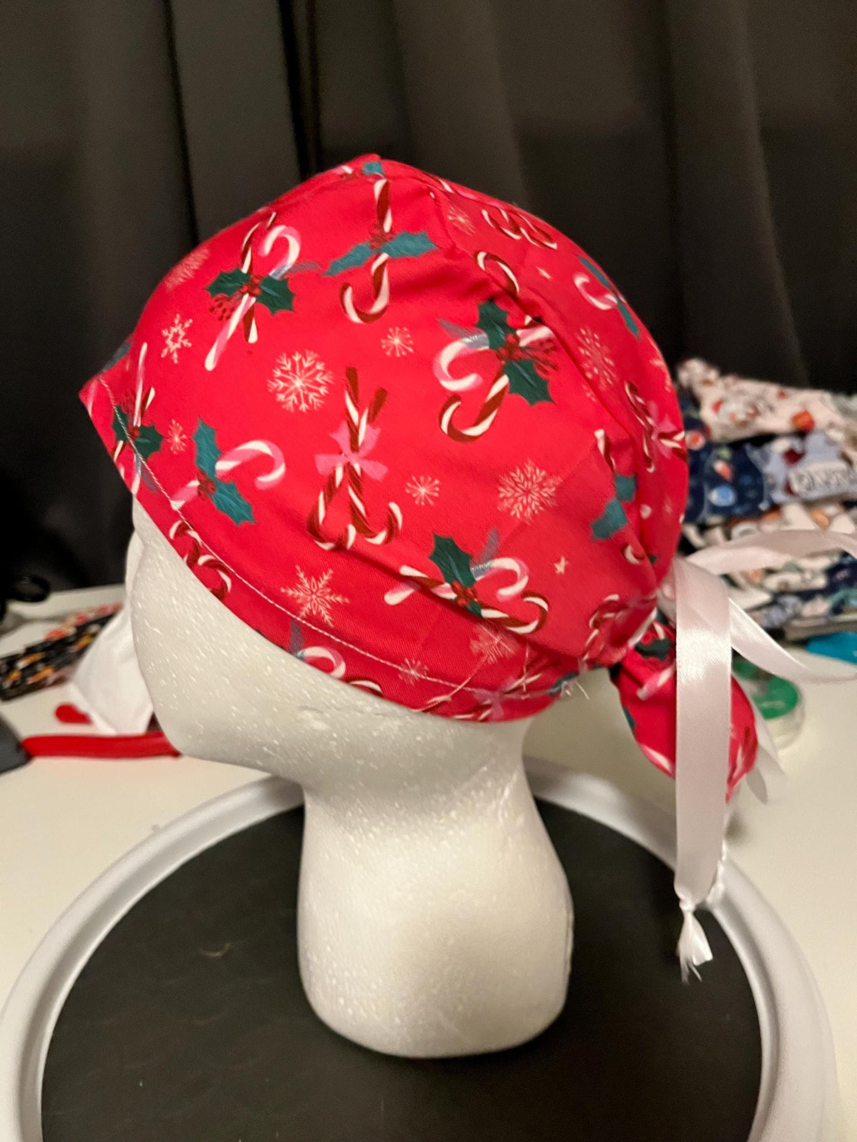 Red Candy Cane Christmas Winter Print Euro Ponytail Scrub Cap
