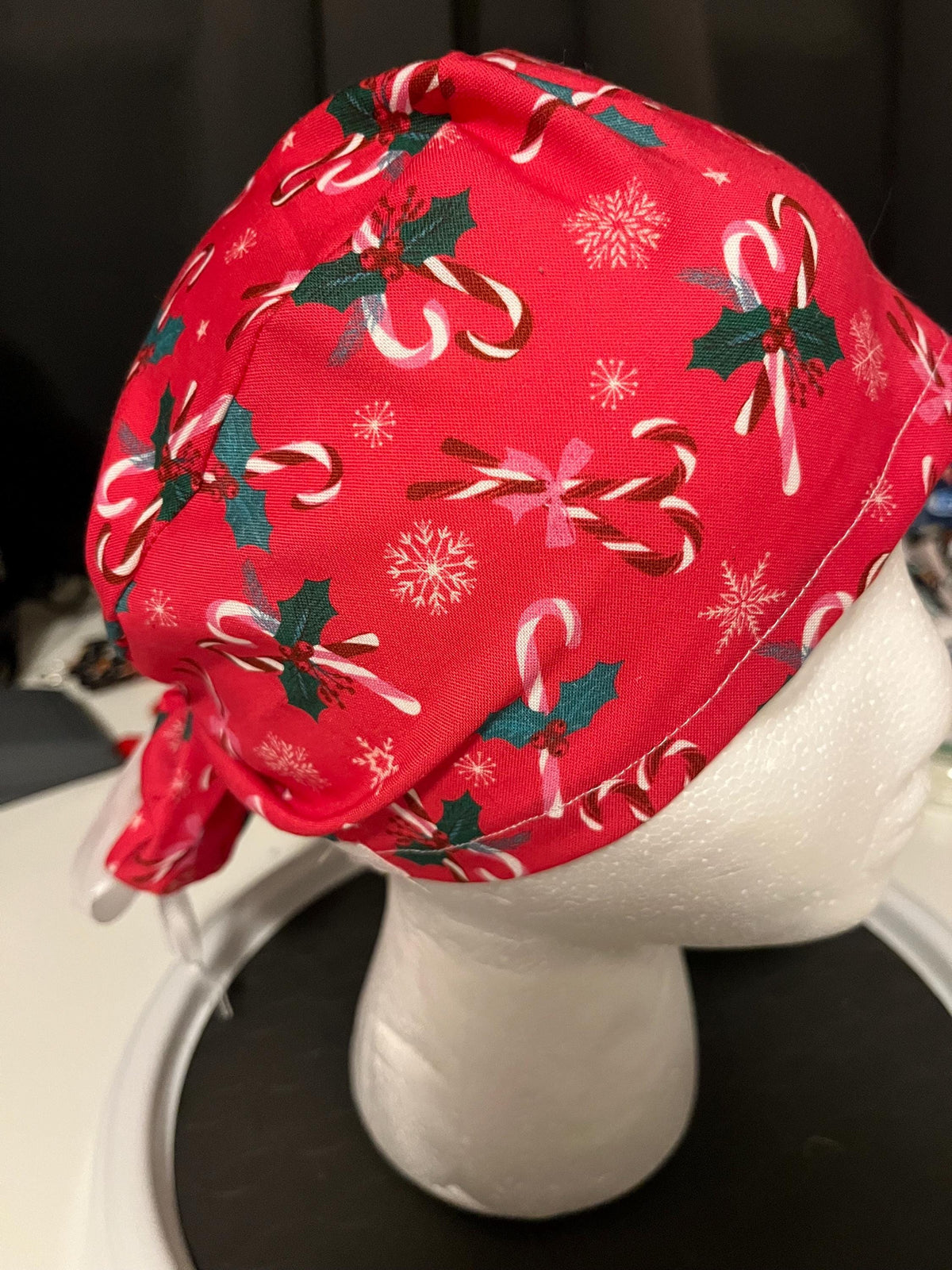 Red Candy Cane Christmas Winter Print Euro Ponytail Scrub Cap