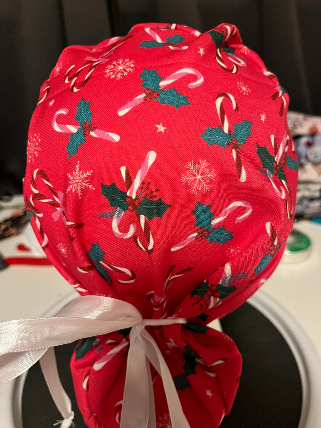 Red Candy Cane Christmas Winter Print Euro Ponytail Scrub Cap
