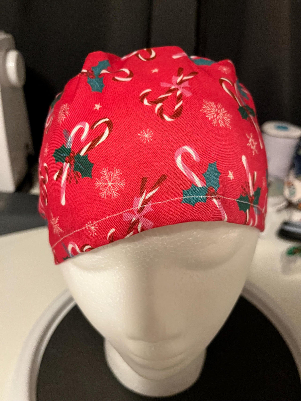 Red Candy Cane Christmas Winter Print Euro Ponytail Scrub Cap
