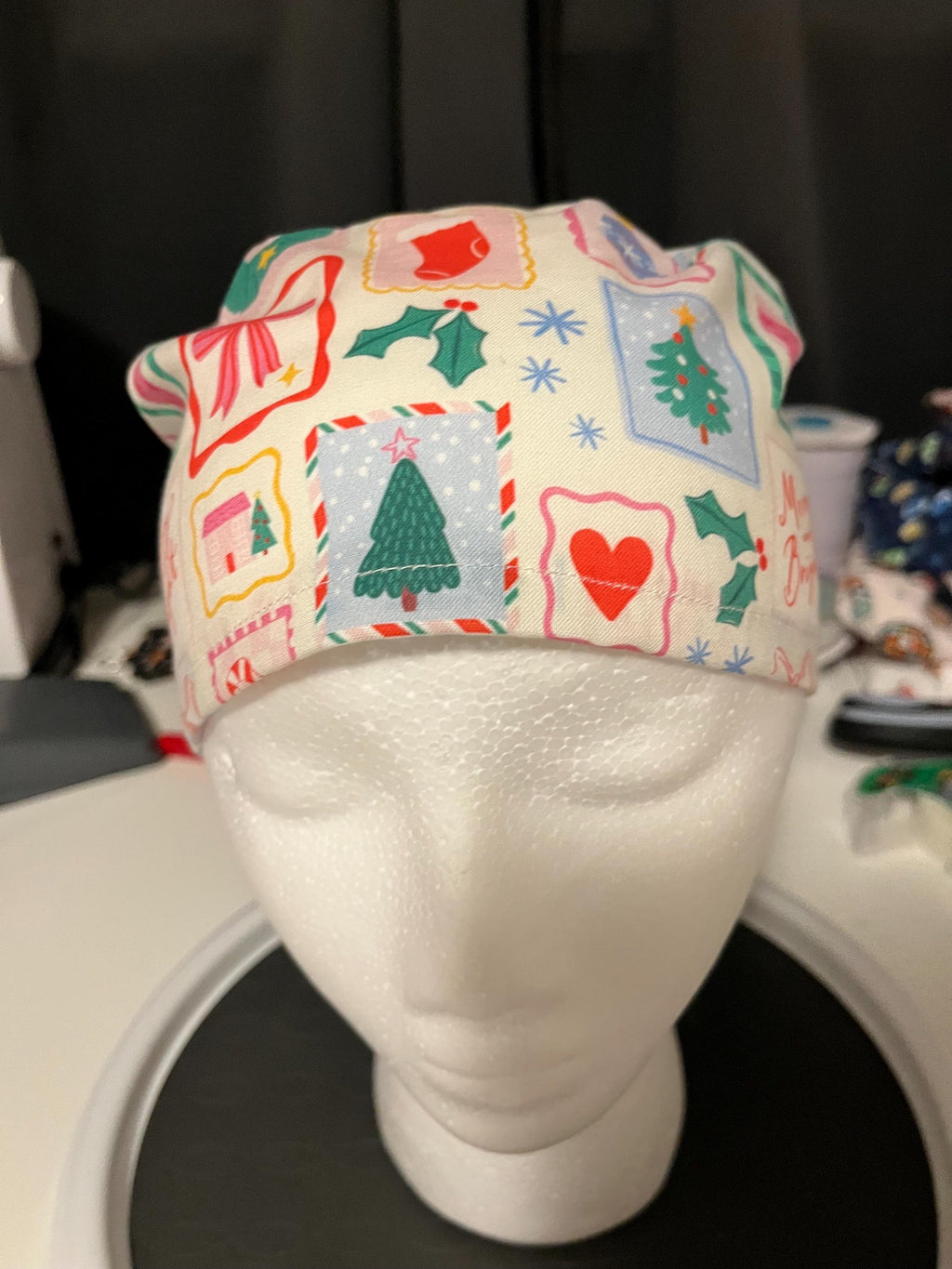 Christmas Winter Postage Stamp Print Euro Ponytail Scrub Cap