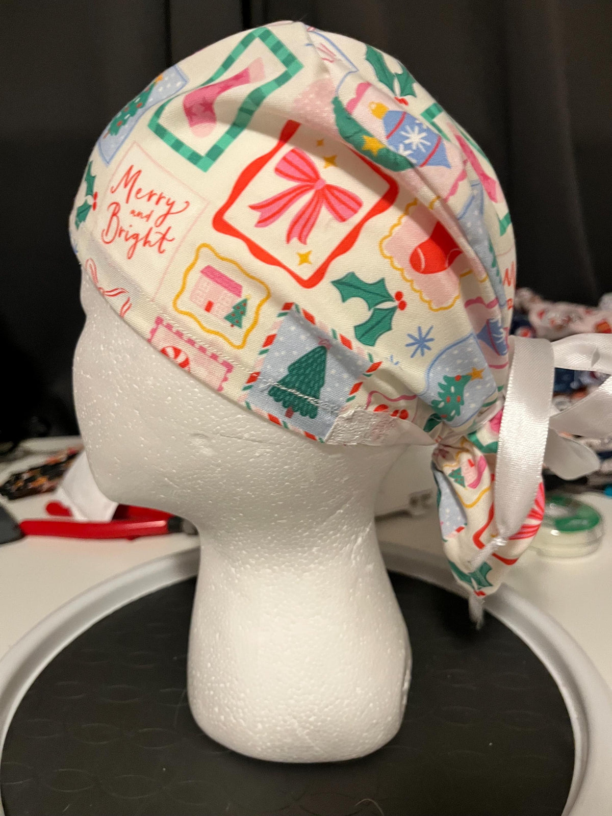 Christmas Winter Postage Stamp Print Euro Ponytail Scrub Cap