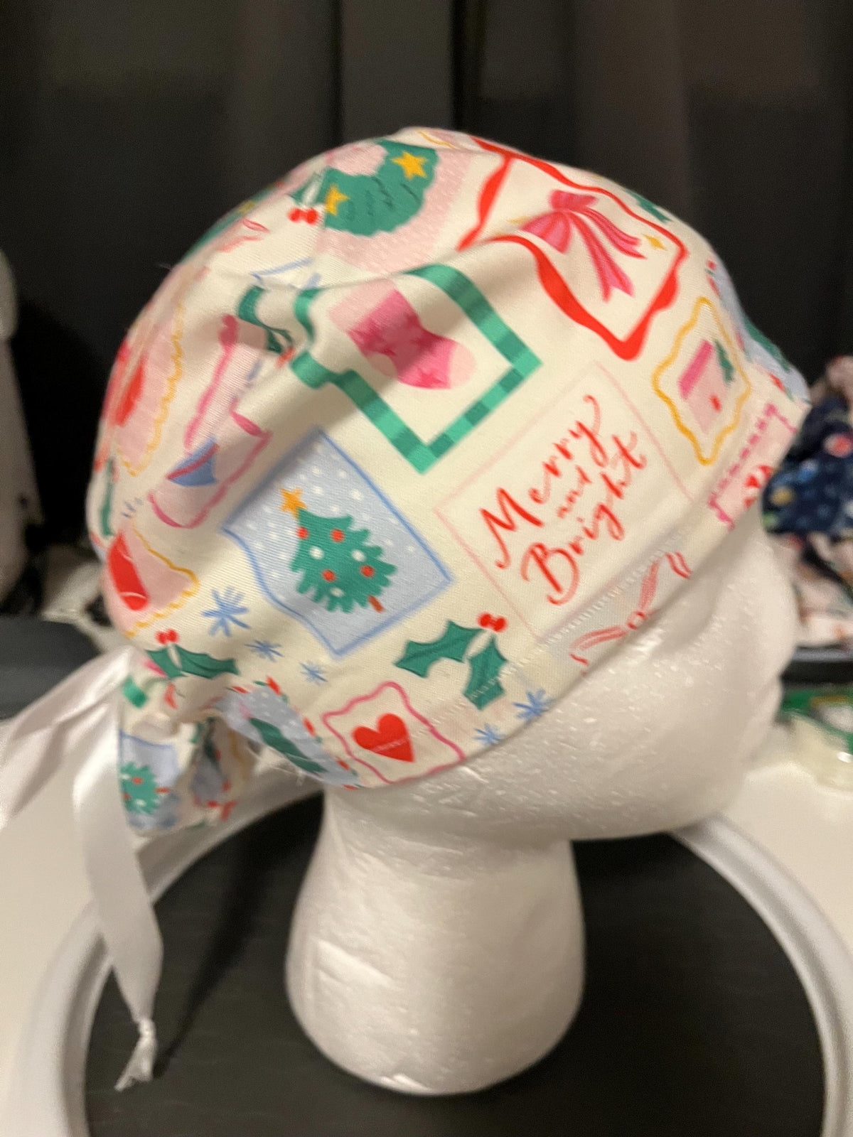 Christmas Winter Postage Stamp Print Euro Ponytail Scrub Cap