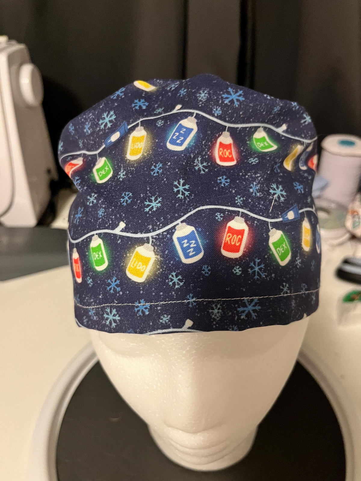 Blue Christmas Lights Medication Medical Anesthesia Print Scrub Cap Euro Ponytail Style