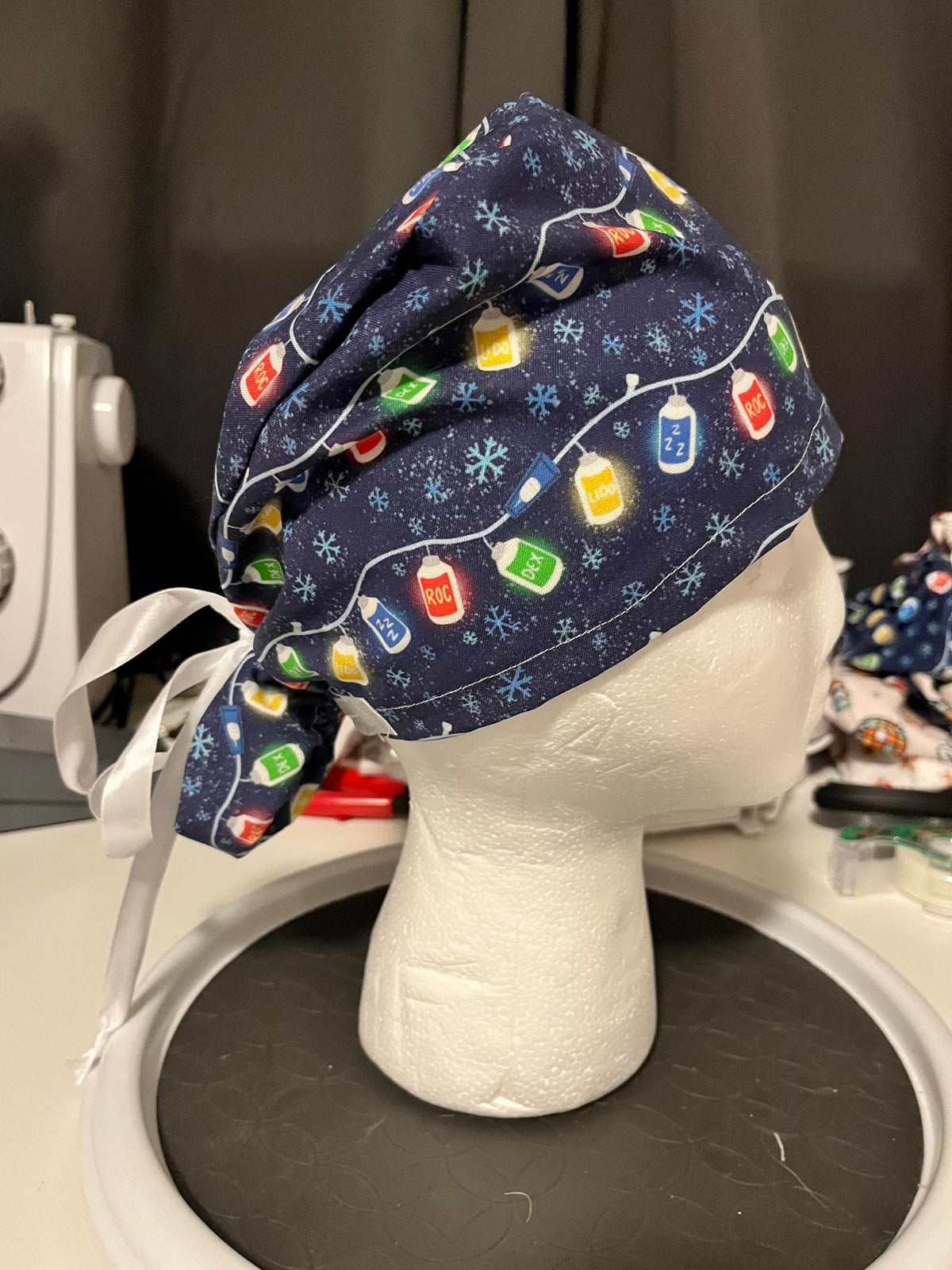Blue Christmas Lights Medication Medical Anesthesia Print Scrub Cap Euro Ponytail Style