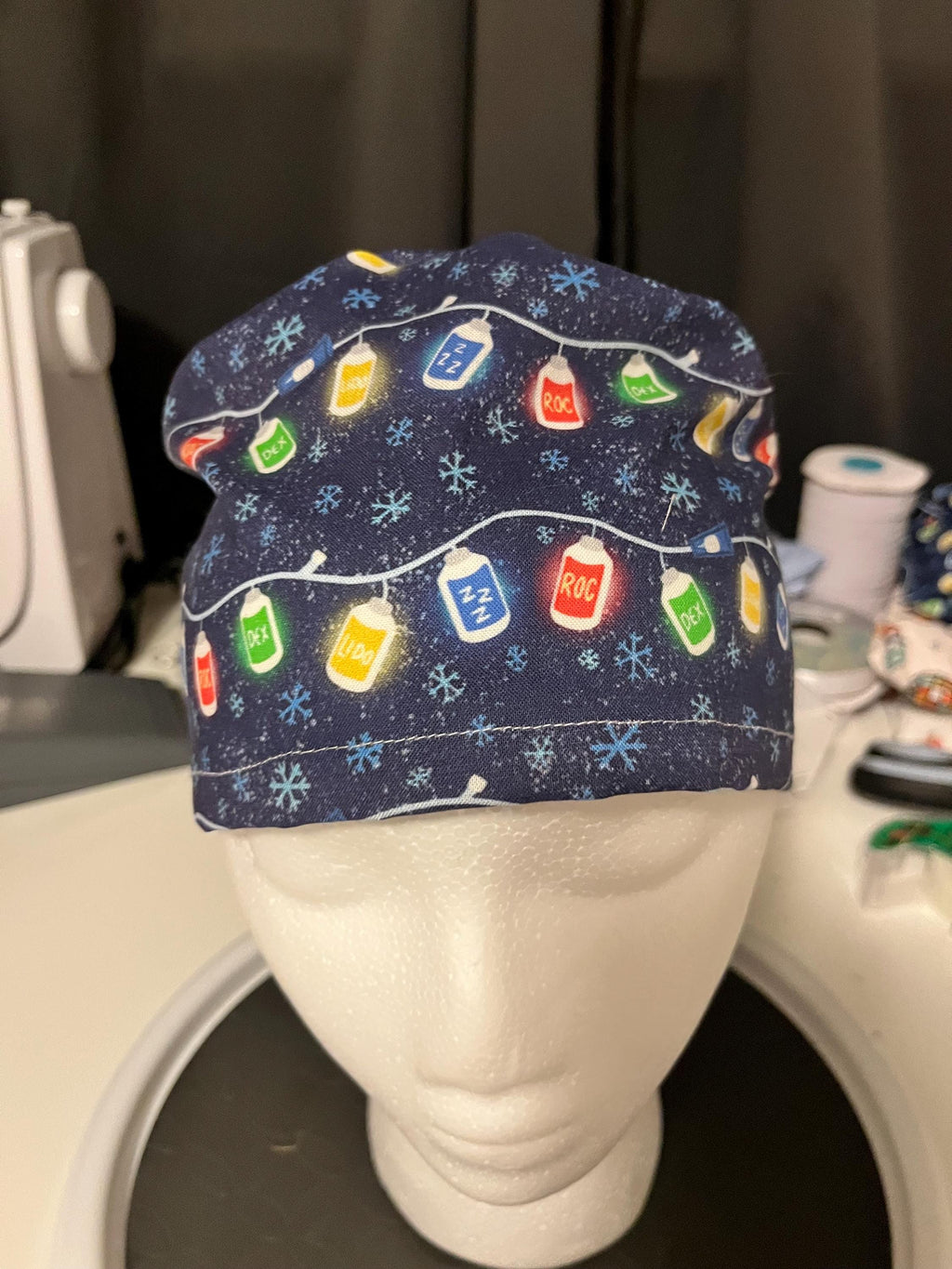Blue Christmas Lights Medication Medical Anesthesia Print Scrub Cap Euro Ponytail Style