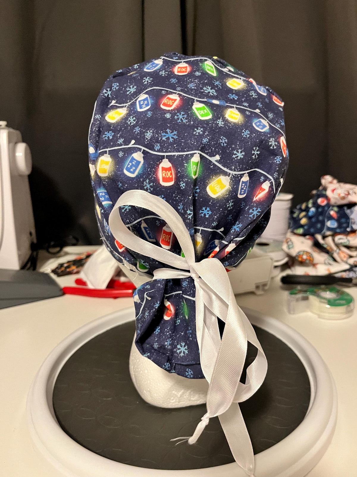 Blue Christmas Lights Medication Medical Anesthesia Print Scrub Cap Euro Ponytail Style