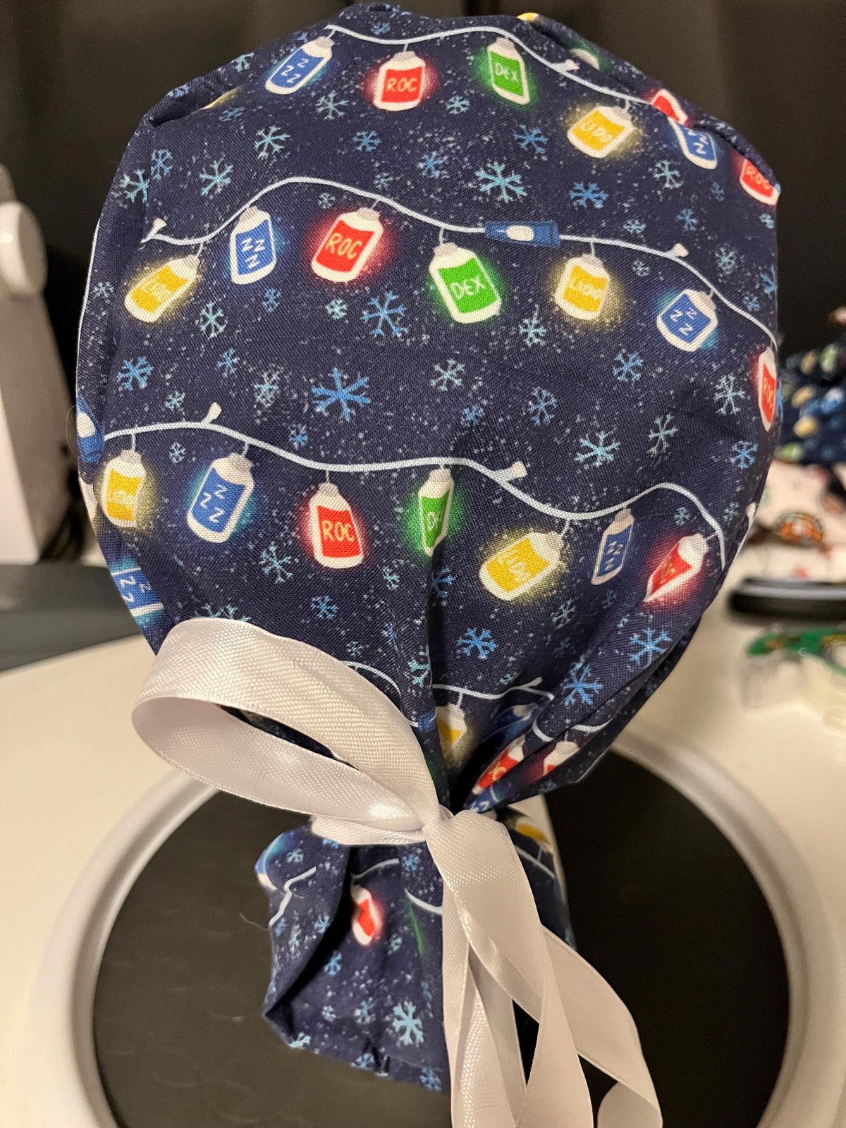 Blue Christmas Lights Medication Medical Anesthesia Print Scrub Cap Euro Ponytail Style