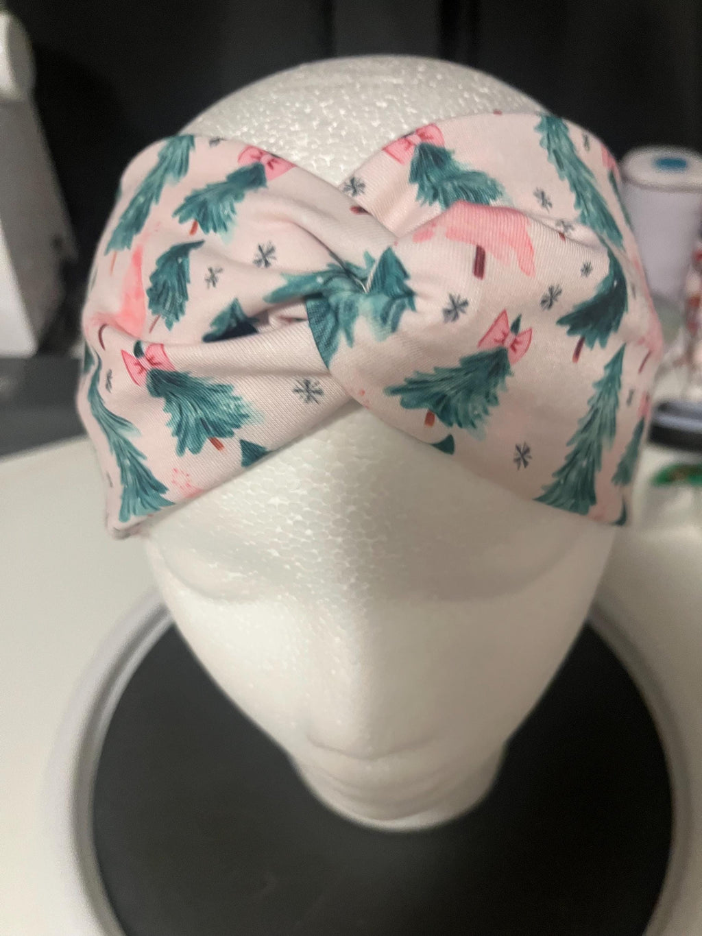 Pink and Green Coquette Bow Christmas Tree Winter Print Headband