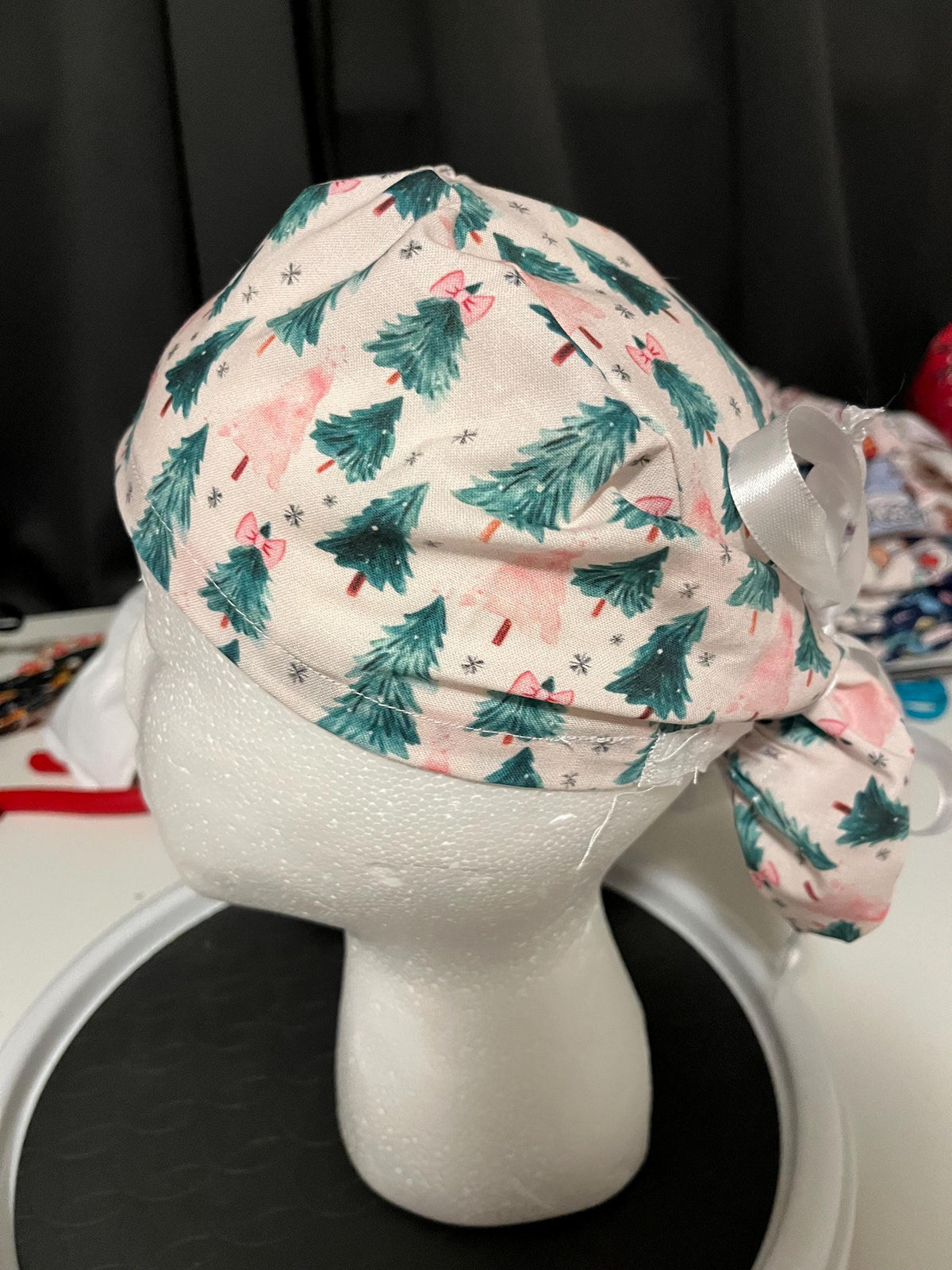 Pink and Green Coquette Christmas Tree Winter Bow Print Euro Ponytail Scrub Cap
