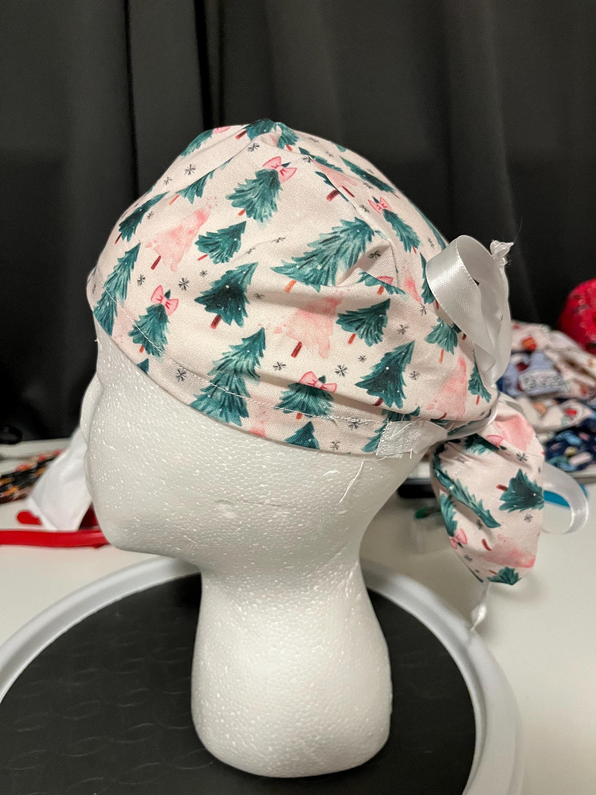 Pink and Green Coquette Christmas Tree Winter Bow Print Euro Ponytail Scrub Cap