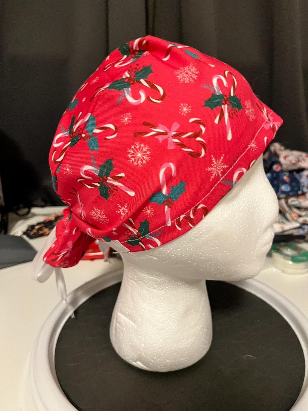 Red Candy Cane Christmas Winter Print Euro Ponytail Scrub Cap
