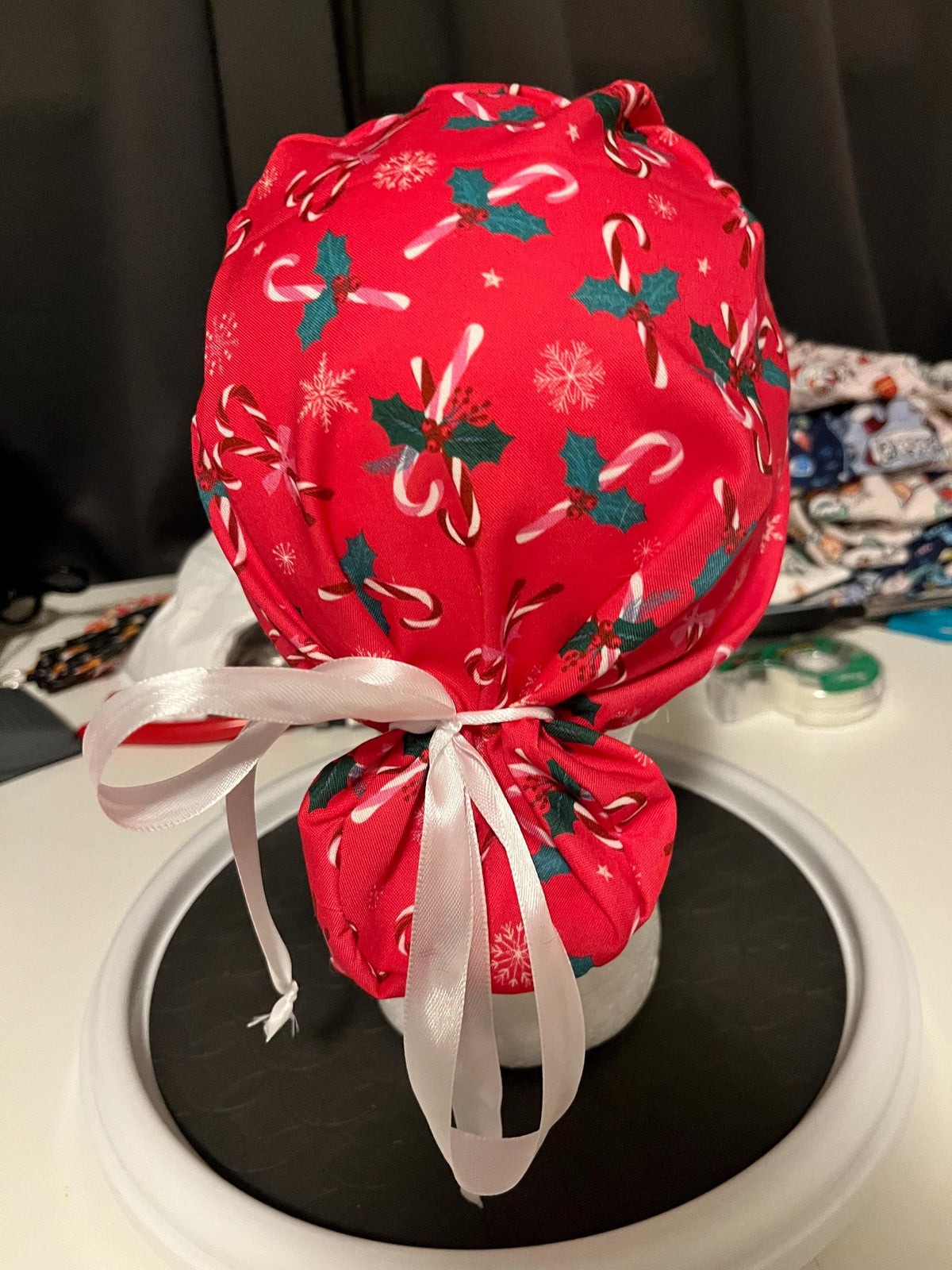 Red Candy Cane Christmas Winter Print Euro Ponytail Scrub Cap