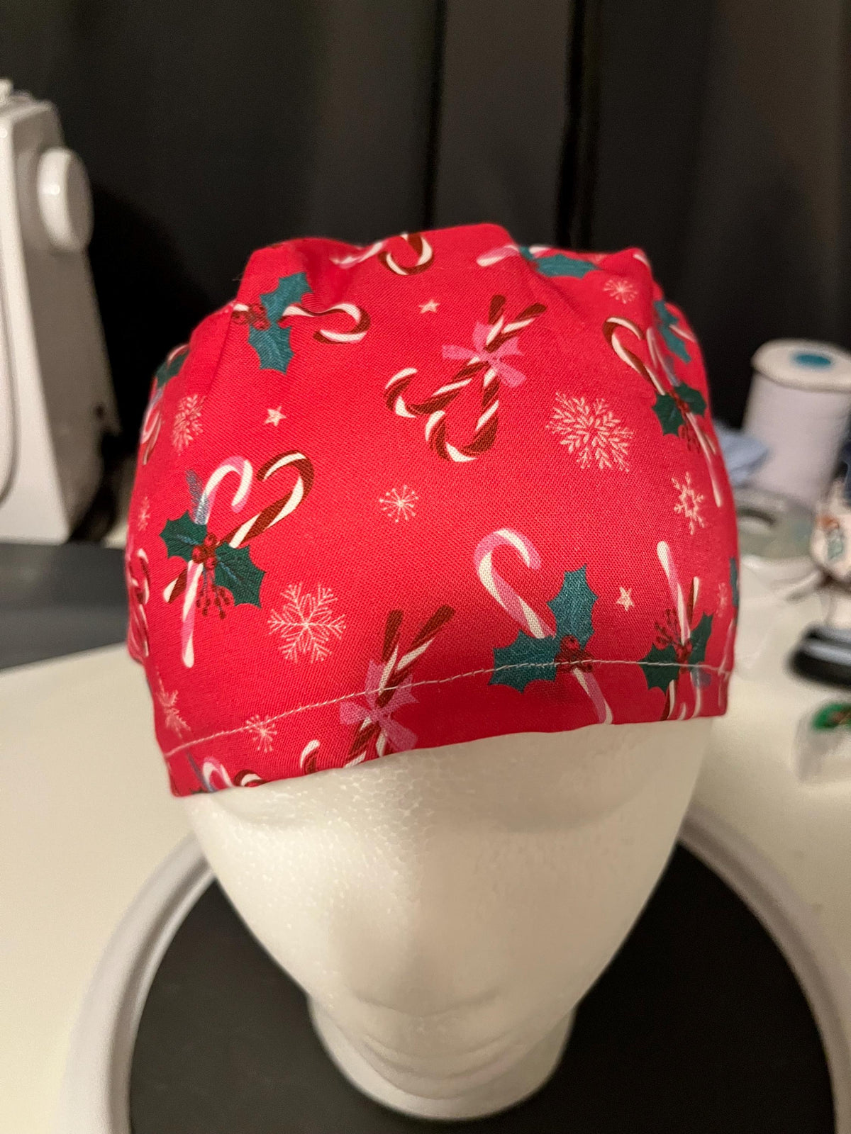 Red Candy Cane Christmas Winter Print Euro Ponytail Scrub Cap