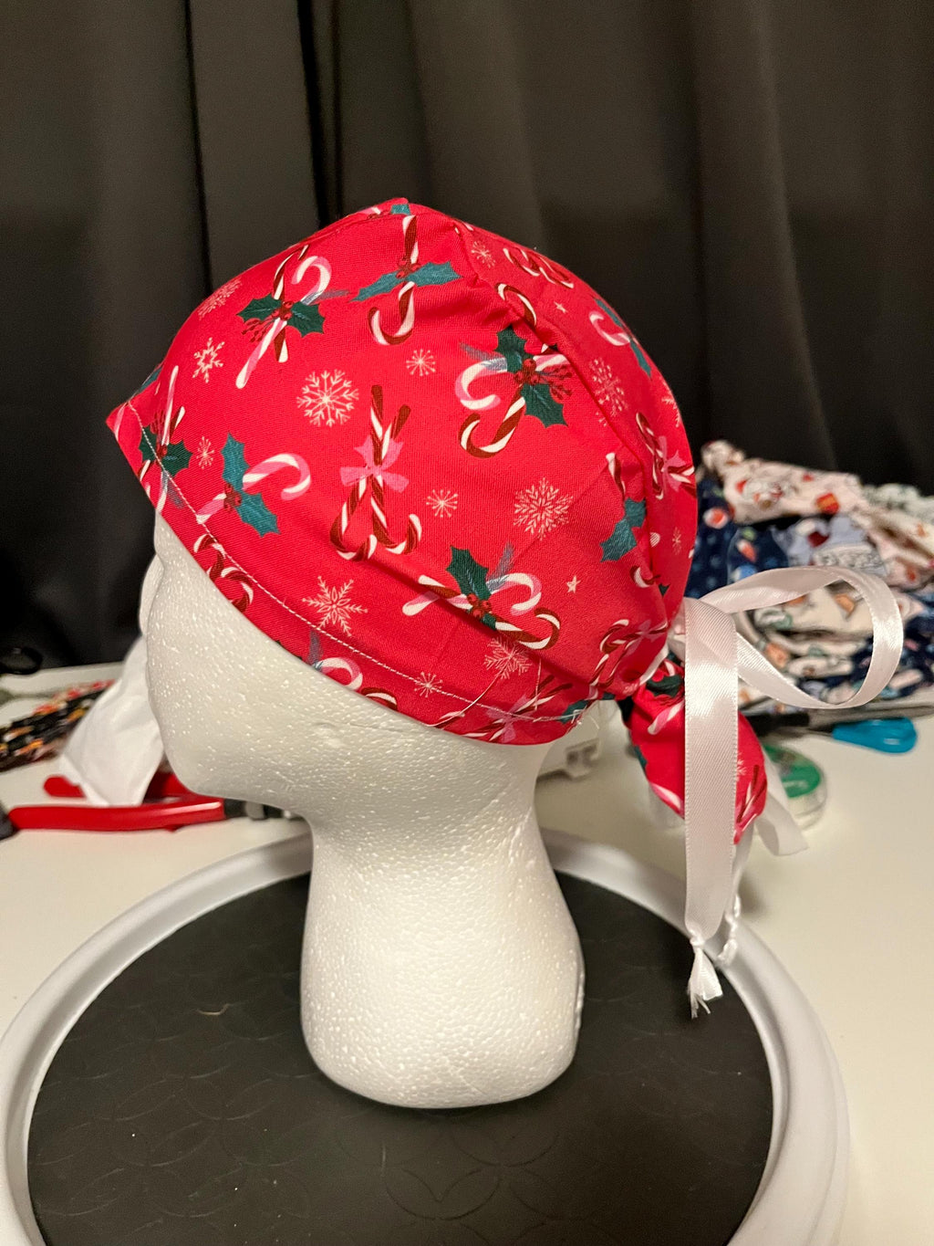 Red Candy Cane Christmas Winter Print Euro Ponytail Scrub Cap