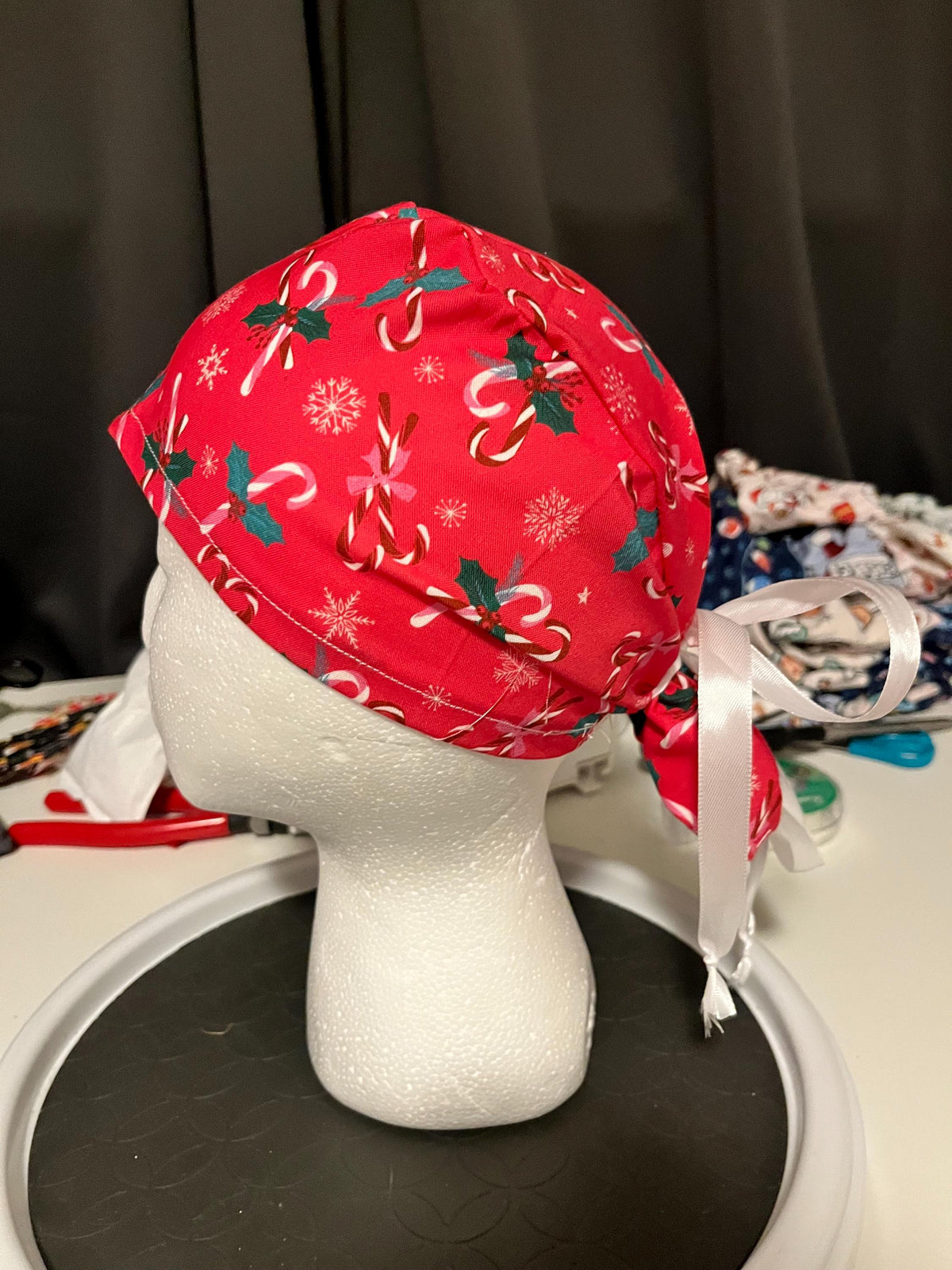 Red Candy Cane Christmas Winter Print Euro Ponytail Scrub Cap