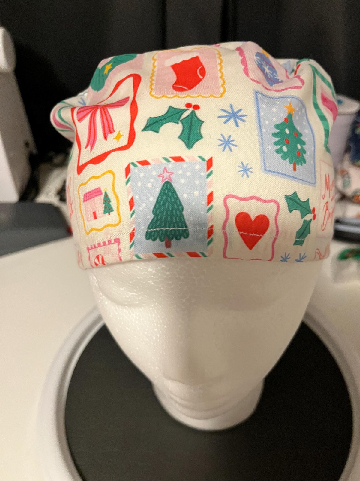 Christmas Winter Postage Stamp Print Euro Ponytail Scrub Cap