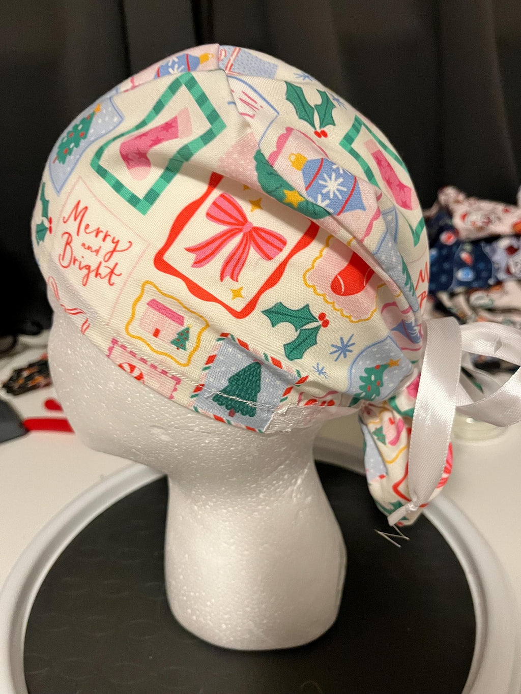 Christmas Winter Postage Stamp Print Euro Ponytail Scrub Cap