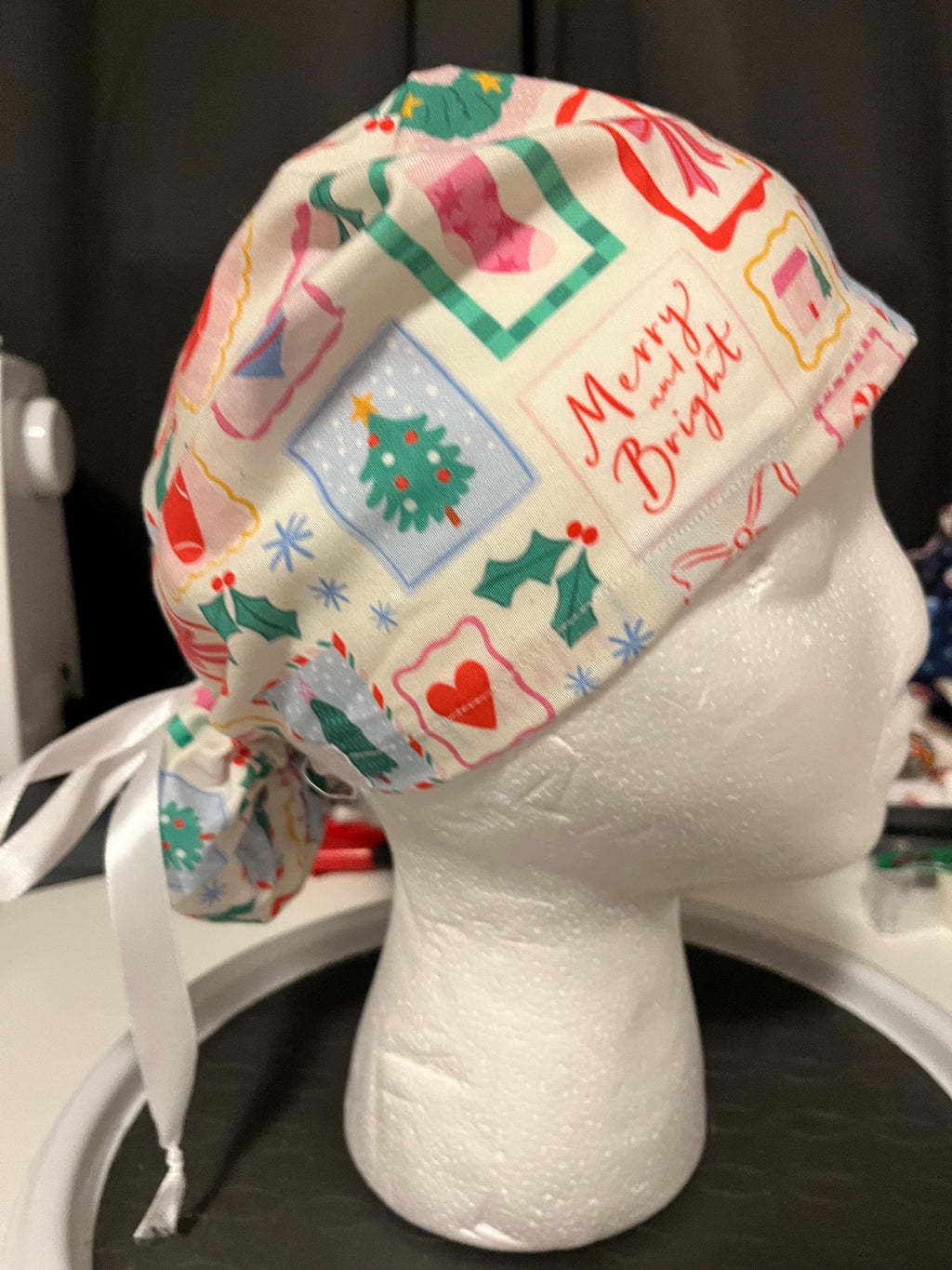 Christmas Winter Postage Stamp Print Euro Ponytail Scrub Cap