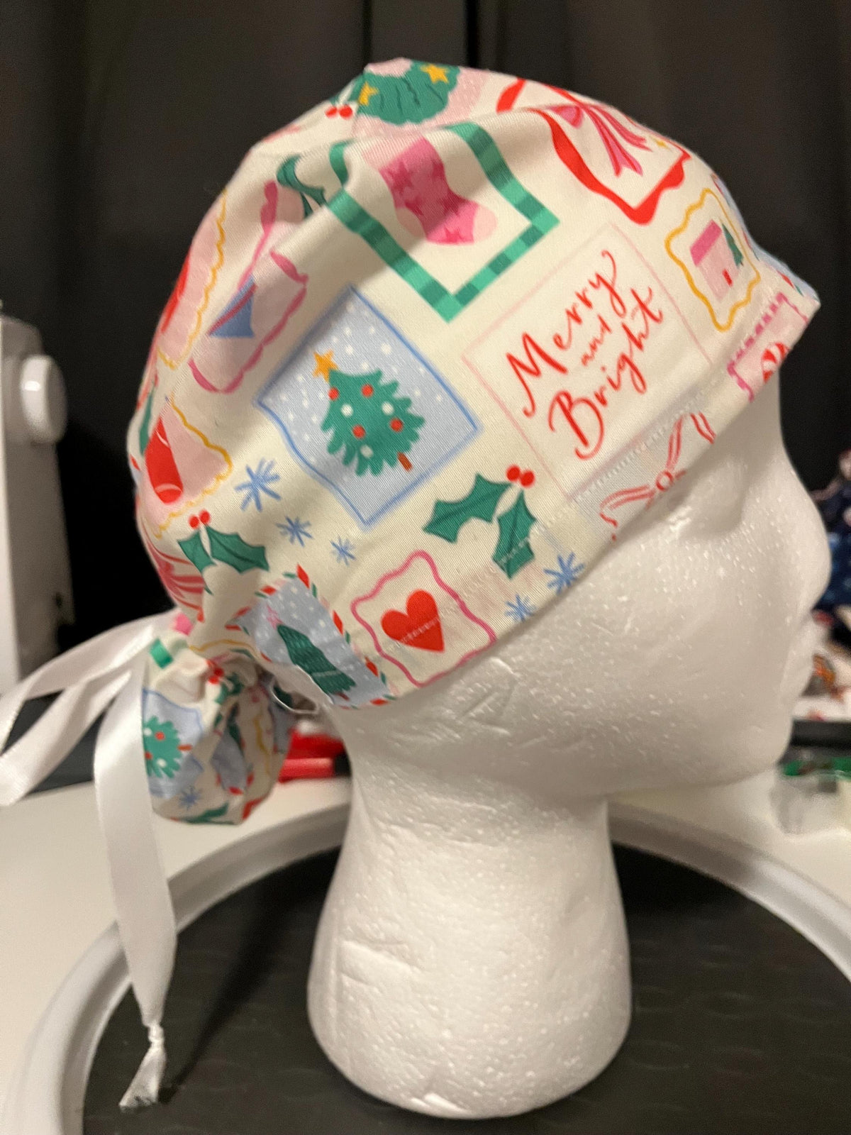 Christmas Winter Postage Stamp Print Euro Ponytail Scrub Cap