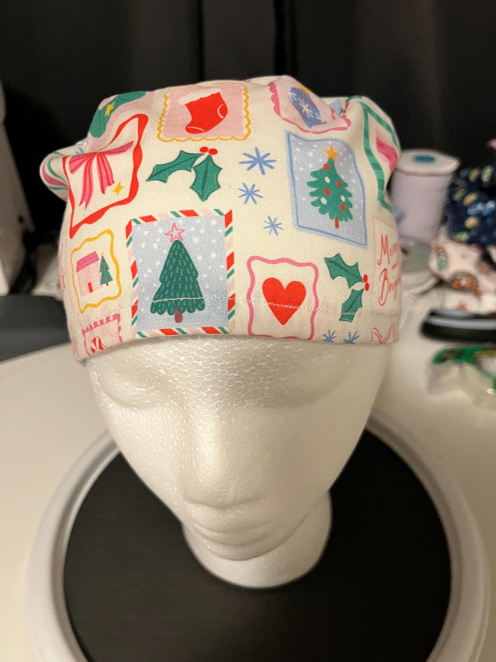 Christmas Winter Postage Stamp Print Euro Ponytail Scrub Cap