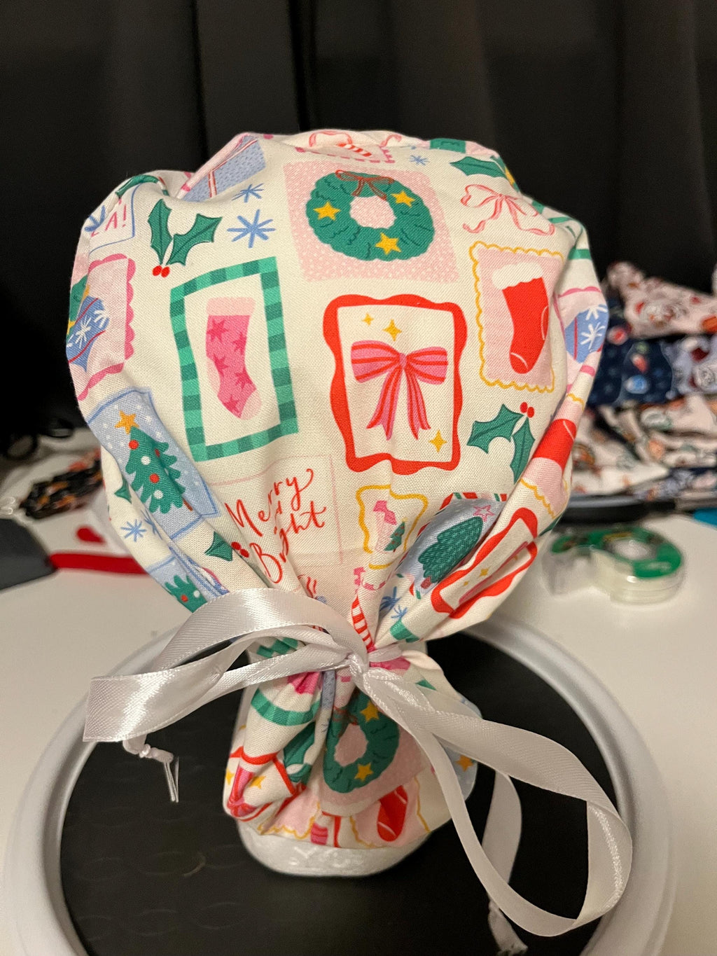 Christmas Winter Postage Stamp Print Euro Ponytail Scrub Cap