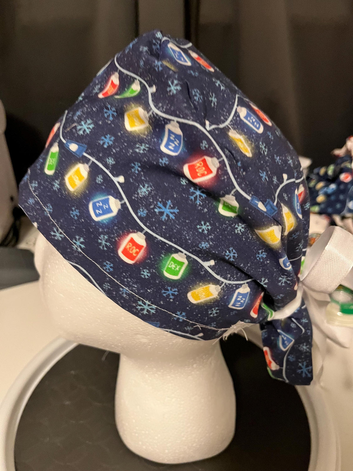 Blue Christmas Lights Medication Medical Anesthesia Print Scrub Cap Euro Ponytail Style