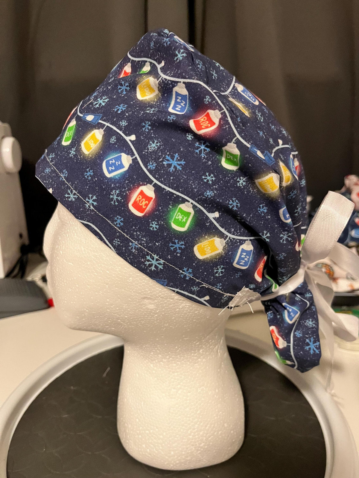Blue Christmas Lights Medication Medical Anesthesia Print Scrub Cap Euro Ponytail Style