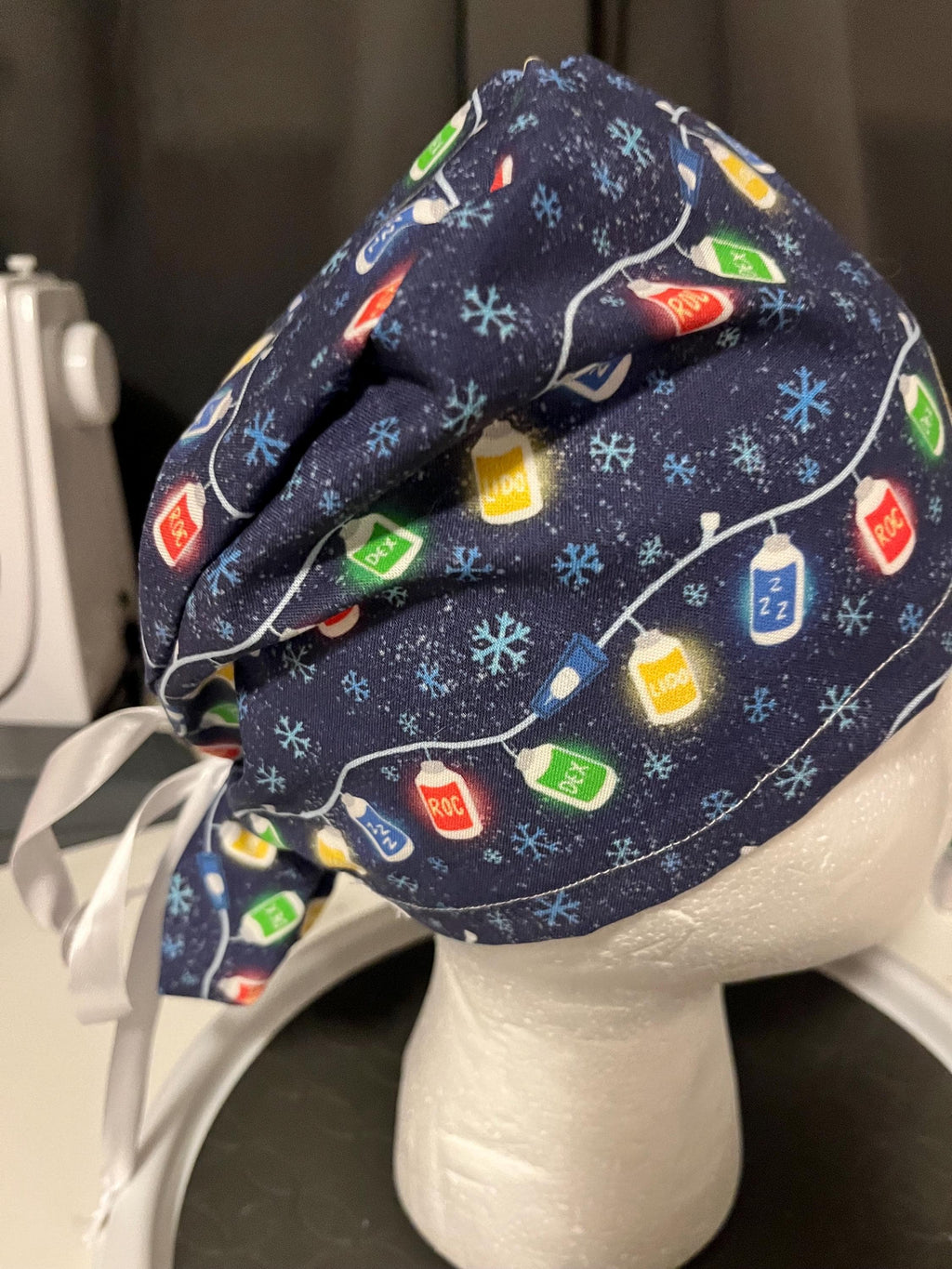 Blue Christmas Lights Medication Medical Anesthesia Print Scrub Cap Euro Ponytail Style