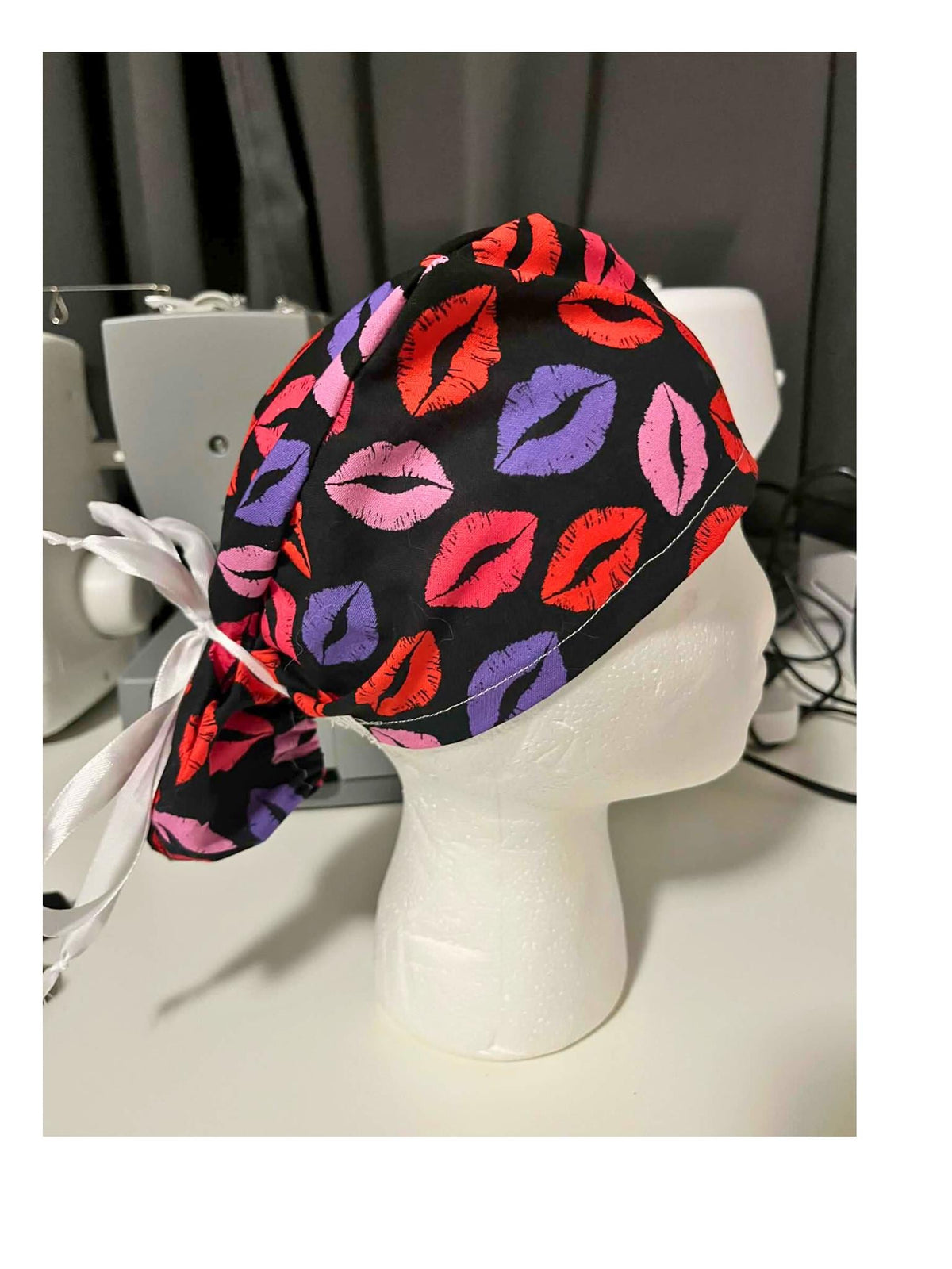Lips Kisses Pink Valentines Print Euro Ponytail Scrub Cap