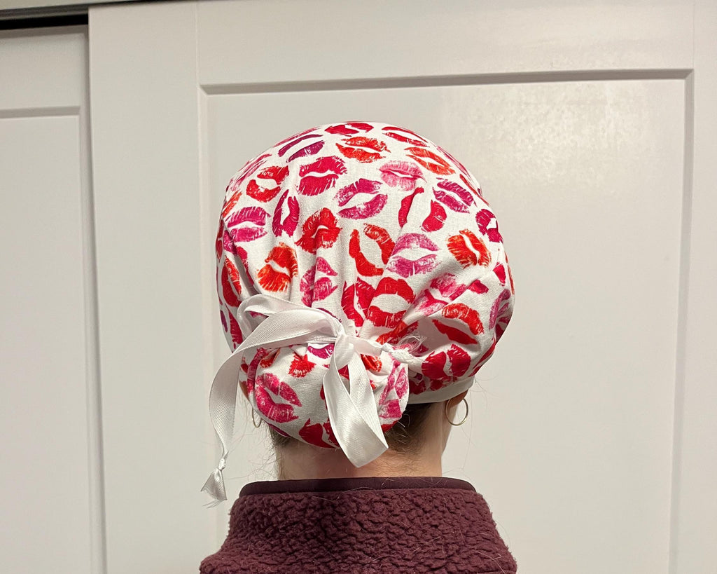 Lips Kisses Pink Valentines Print Euro Ponytail Scrub Cap
