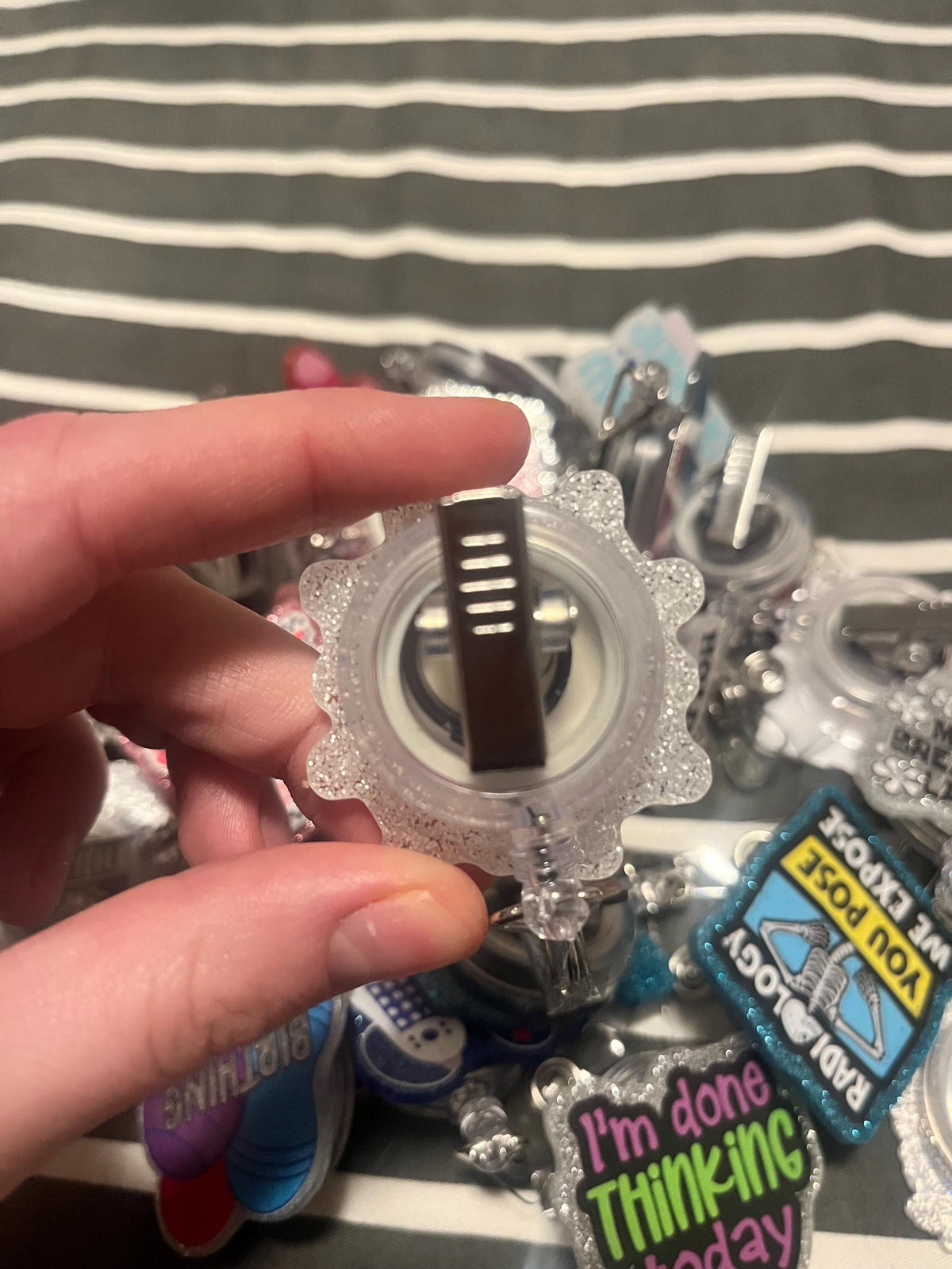 Goose being silly badge reel with Aligator Swivel Clip Anxiety