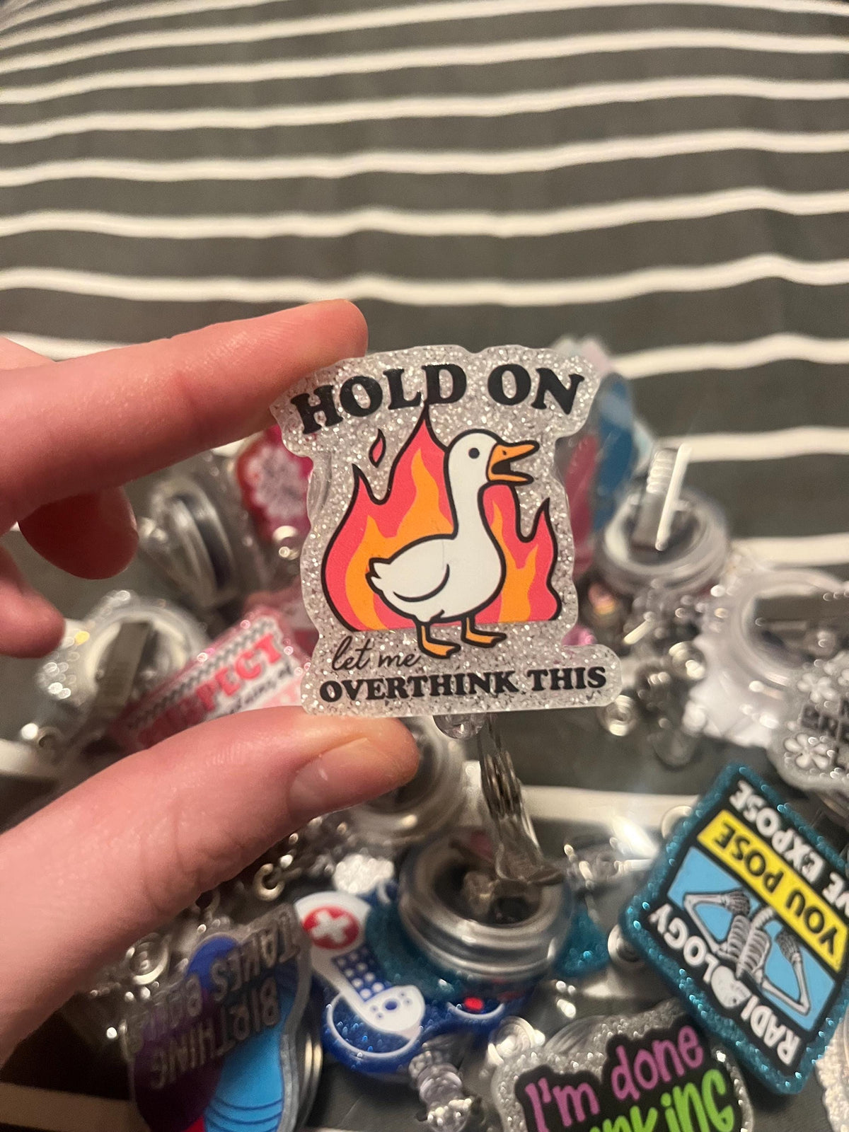 Goose being silly badge reel with Aligator Swivel Clip Anxiety