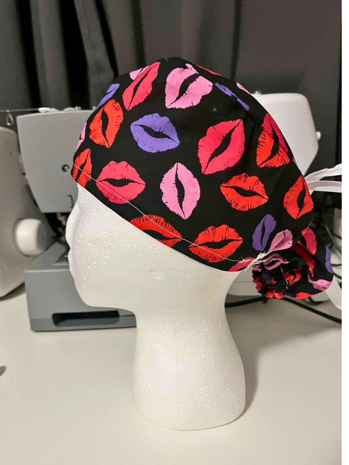 Lips Kisses Pink Valentines Print Euro Ponytail Scrub Cap