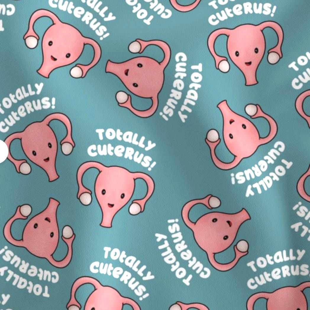 Funny Uterus OBGYN Midwife Doula Labour and Delivery Nurse Print Scrub Cap Euro, Euro Ponytail and Tie Back Optional Satin Lining