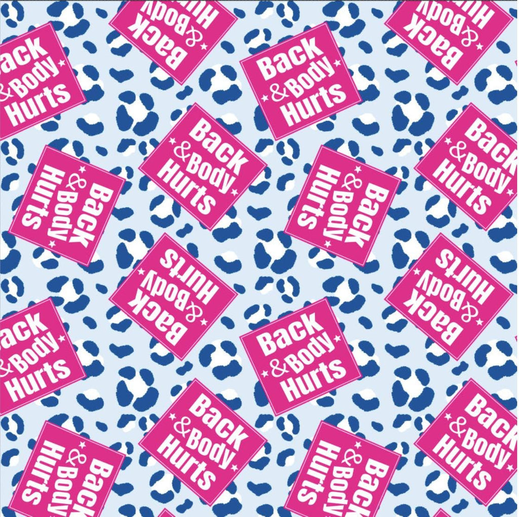 Back and Body Hurts Funny Punny Leopard Print Scrub Cap Euro, Euro Ponytail and Tie Back Optional Satin Lining