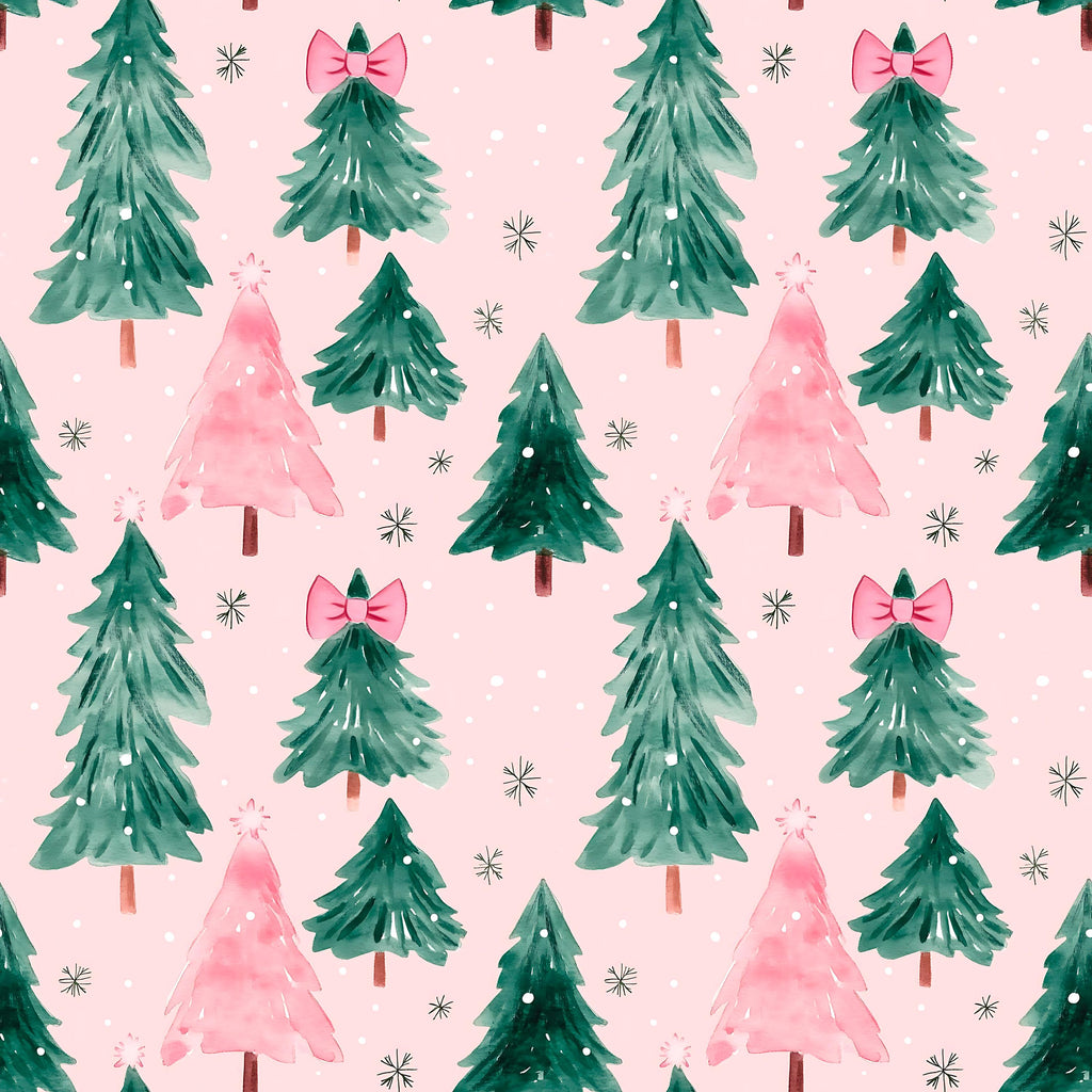 Pink and Green Coquette Christmas Tree Winter Bow Print Euro Ponytail Scrub Cap