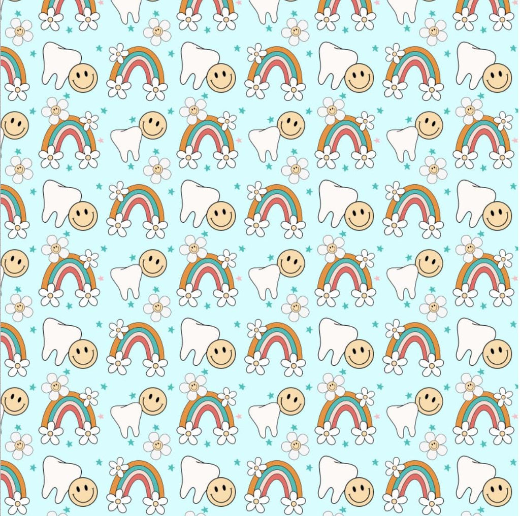 Dental Hygiene Dental Assistant Dentist Rainbow Tooth Teeth Print Scrub Cap Euro, Euro Ponytail and Tie Back Optional Satin Lining