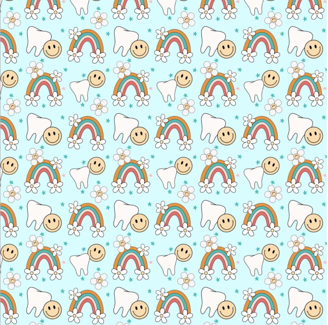 Dental Hygiene Dental Assistant Dentist Rainbow Tooth Teeth Print Scrub Cap Euro, Euro Ponytail and Tie Back Optional Satin Lining