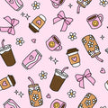 Pink Iced Coffee Diet Soda Tea Coquette Floral Print Fabric Wristlet Keychain Lanyard with Clip