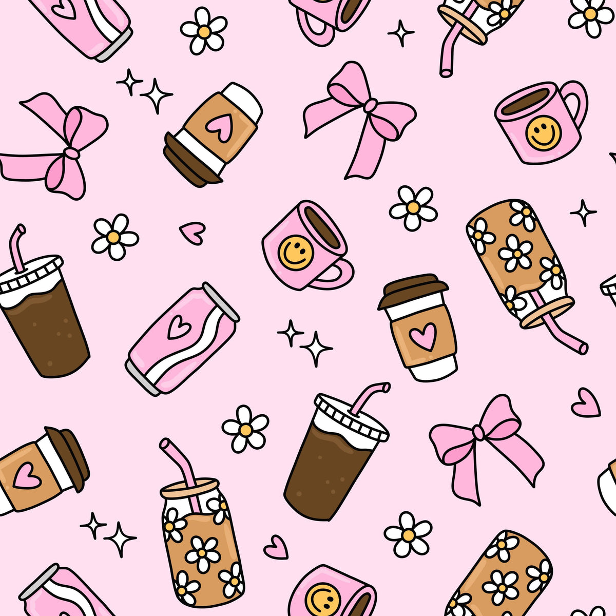 Pink Iced Coffee Diet Soda Tea Coquette Floral Print Fabric Wristlet Keychain Lanyard with Clip