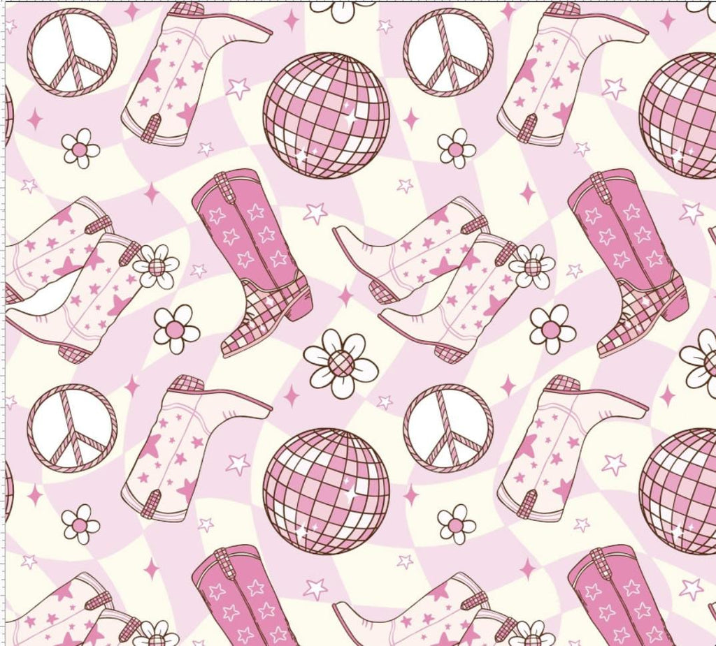 Pink Cowgirl Cowboy Western Disco Peace Hippy Print Scrub Cap Euro, Euro Ponytail and Tie Back Optional Satin Lining
