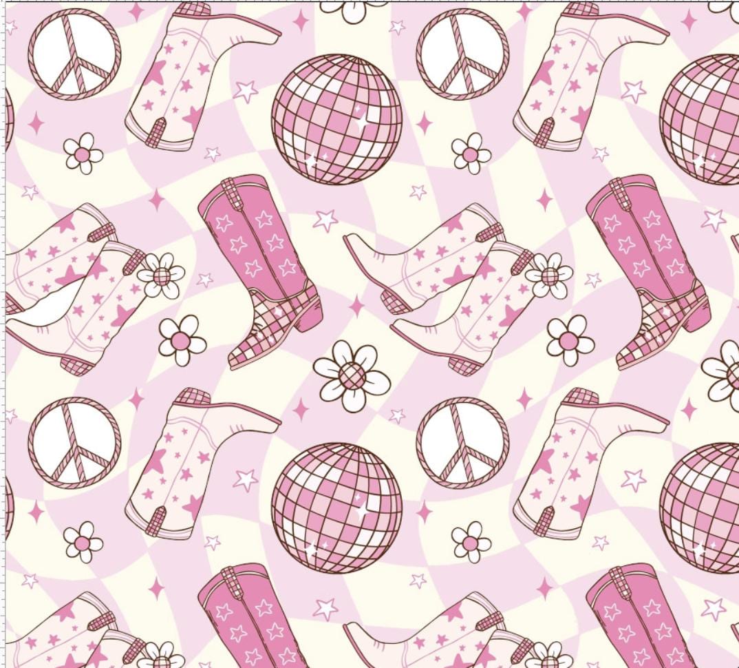Pink Cowgirl Cowboy Western Disco Peace Hippy Print Scrub Cap Euro, Euro Ponytail and Tie Back Optional Satin Lining