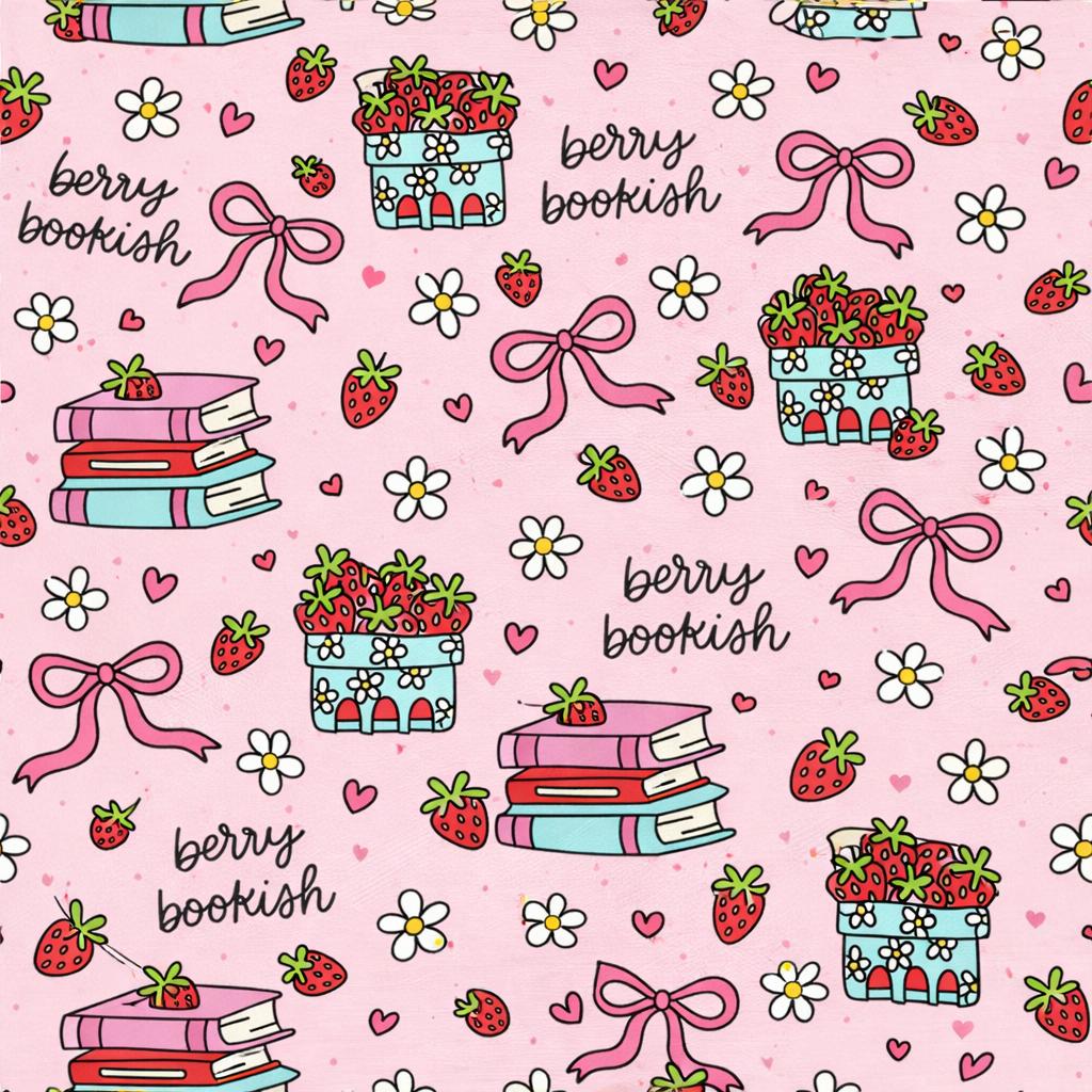 Berry Bookish Strawberry Fruit Floral Literary Print Scrub Cap Euro, Euro Ponytail and Tie Back Optional Satin Lining